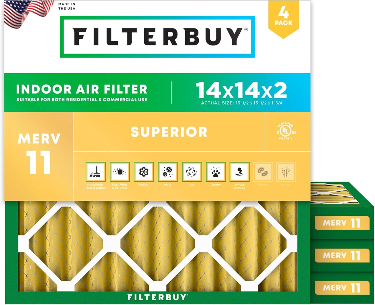 Filterbuy 14x14x2 Air Filter MERV 11 (MPR 1200) Allergen Defense Replacement (4-Pack), Electrostatic Pleated HVAC AC Furnace Filters, Made in USA (Actual Size: 13.50 x 13.50 x 1.75)