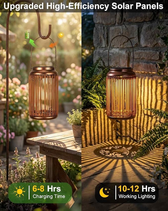 Solar Lanterns Outdoor Waterproof, 2 Pack Hanging Rattan Solar Lights with Hummingbird Projection, Garden Decor for Yard Patio Porch, Gifts for Women Mom Grandma