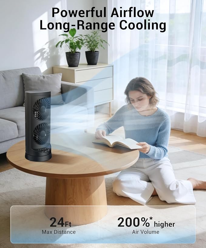 KopBeau Tower Fan for Bedroom, Portable Desk Table Fan with 3 Speeds ＆ 12H Timer,60° & 110° Oscillating Electric Fans that Blow Cold Air,Fast Cooling Fan for Home Office Dorm