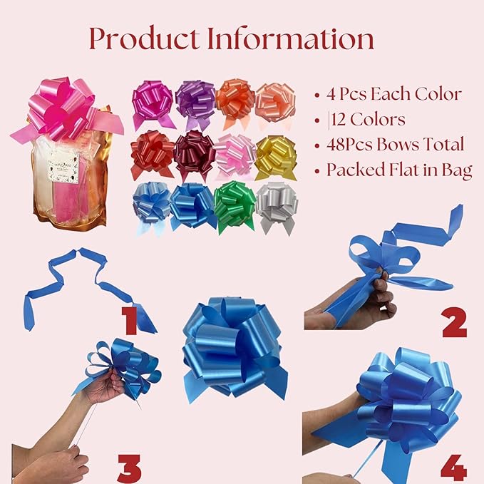 UNIQOOO 48Pcs 12 Color Christmas Gift Pull Bows, Large 6 Inch Assorted Christmas Bows for Gift Basket Bag Box Wrapping Decor, Valentine's Day, Birthday, Anniversary, Wedding, Florist Packaging