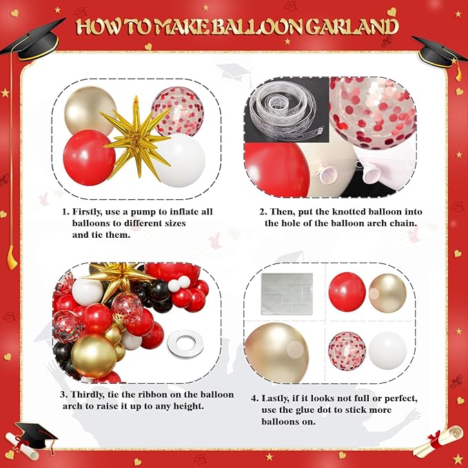 Black Red Gold Balloon Arch Kit Graduation Decorations 2026, 130Pcs Red Gold White Balloons and Foil Star Balloon with Confetti Ribbons Grad Party Decorations for College High School Class of 2026