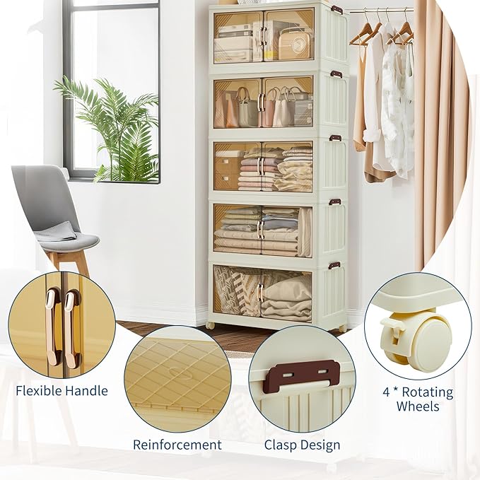 GarveeHome 405QT Stackable Storage Bins, Folding Storage Box with Magnetic Doors & Wheels, Loset Organizers and Storage with Lids, Collapsible Plastic Drawers for Bedroom Kitchen Office, White