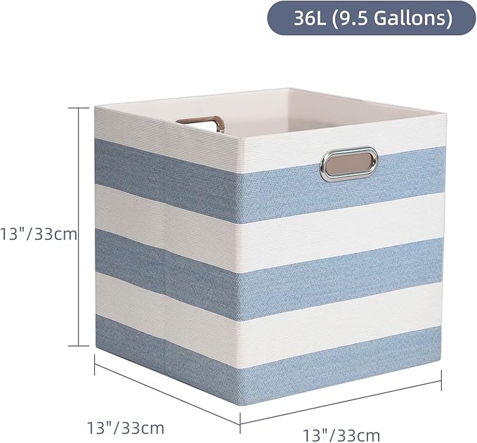 Foldable Cube Storage Bin Organizing Baskets Cubby Boxes Fabric Storage Cubes Organizer Bins with Handles for Organization Shelf Closet, 13"x13"x13", Pack of 4, Blue/White Stripe