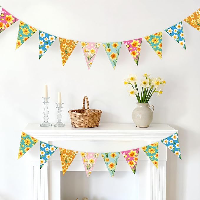 jijAcraft 4 Pack Spring Floral Bunting Banners - Pre-Strung Daffodil Flower Triangle Pennant Banner, Daffodil Spring Party Decorations for St David's Day March Birth Flower Spring Baby Shower Decor