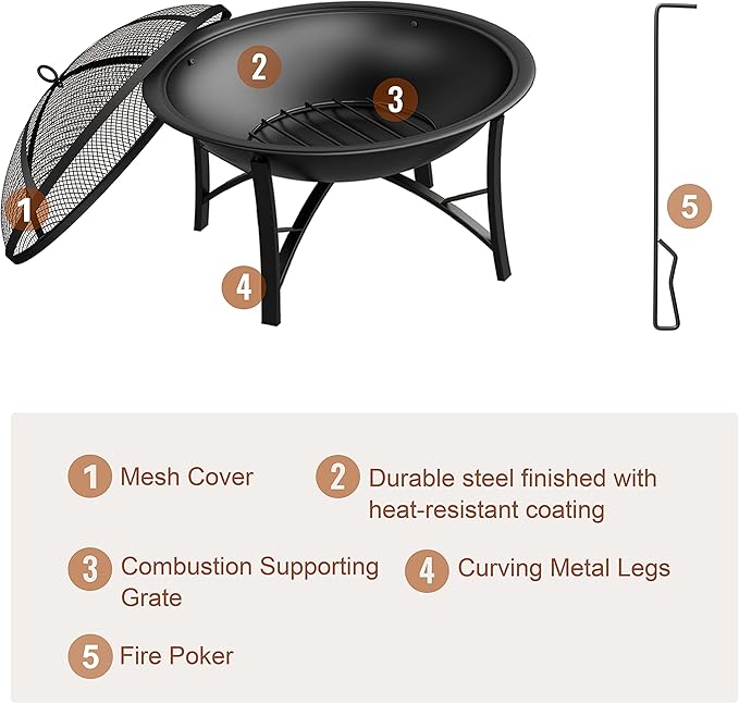Fire Beauty Fire Pit for Outside Wood Burning,BBQ Grill Steel Fire Bowl with Spark Screen Cover,Log Grate,Poker for Camping Beach Bonfire Picnic Backyard Garden