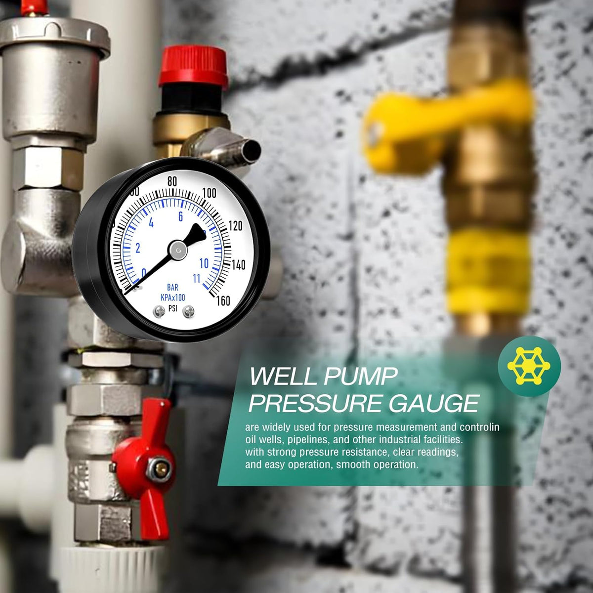 0-160psi Well Pump Pressure Gauge 1/4" NPT 2" Face Dial Size Back Mount, Multifunctional Practical Dry Pressure Gauge, for Water