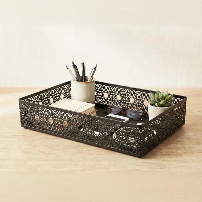 Desk Drawer Organizer, A4 Large Metal Mesh Desk Organizer Tray, Carved Hollow Floral Desk Letter Tray, Versatile Storage Basket for Office Home Supplies,13x9x3 inches (Round Holes,2 PCS)