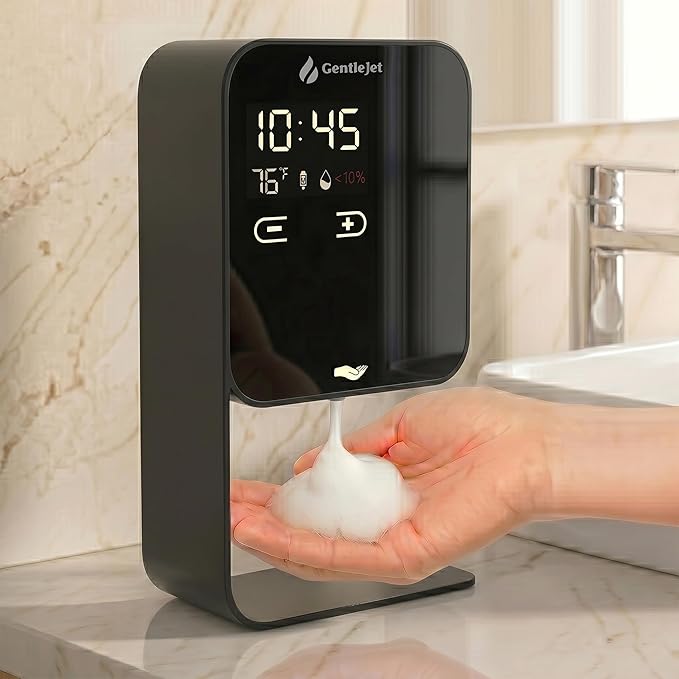 GentleJet LuxeJet Automatic Foaming Soap Dispenser – Touchless Sensor, LED Display, 5 Foam Levels, Wall Mount or Countertop, Rechargable USB-C or Battery Powered, Aluminum Alloy, 480 ml Refillable