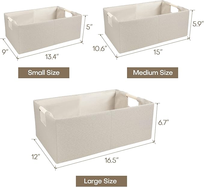 ANMINY 4PCS Storage Baskets for Organizing Collapsible Fabric Storage Bins Boxes with Wood Handles Closet Shelves Cube Organizer Bins Clothes Laundry Storage Container - Small, Beige