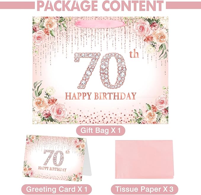 Laidans Large Pink 70th Happy Birthday Gift Bag with Tissue Paper and Card for Women Party (Rose Gold) (70th)