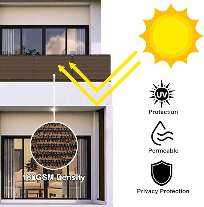 Eden's Decor Balcony Privacy Screen Brown 2'6"x 44' Cover Mesh Windscreen Weather-Resistant UV Protection for Backyard Deck, Patio, Balcony, Pool, Porch, Fence, Railing, Gardening