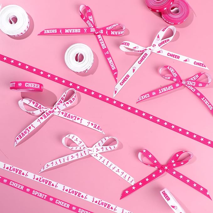 6 Rolls Cheer Ribbon Set, 3/8 Inch x 5 Yard Sports Cheerleading Ribbons, Pink and White Grosgrain Ribbons for Gift Wrapping, Crafting Sewing, Hair Bow Cheerleader Accessories