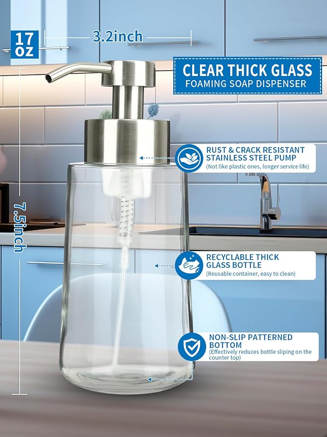 Foaming Hand Soap Dispenser Set, 16 oz Large Glass Soap Dispenser, Foam Dispenser with Stainless Steel Pump & Waterproof Labels, Refillable Soap Bottles for Bathroom Countertop, 2 in 1