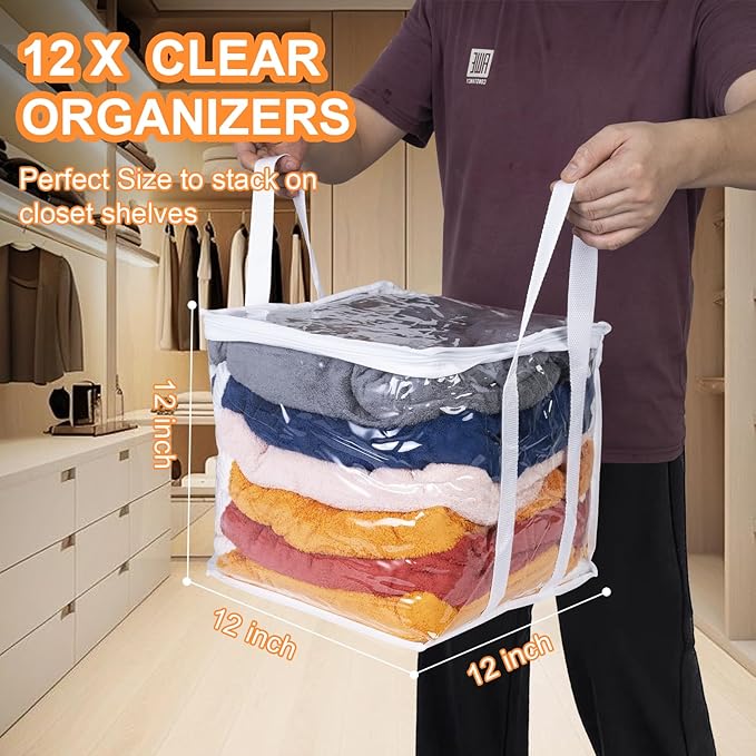 Wholelovein 6 PCS Clear Plastic Organizers 12''x12''x12'' Blanket Storage Bags with Zipper Storage Cube Tote with Reinforced Handles for Clothes Moving Supplies Linens Shoes Closet Toys Organizers
