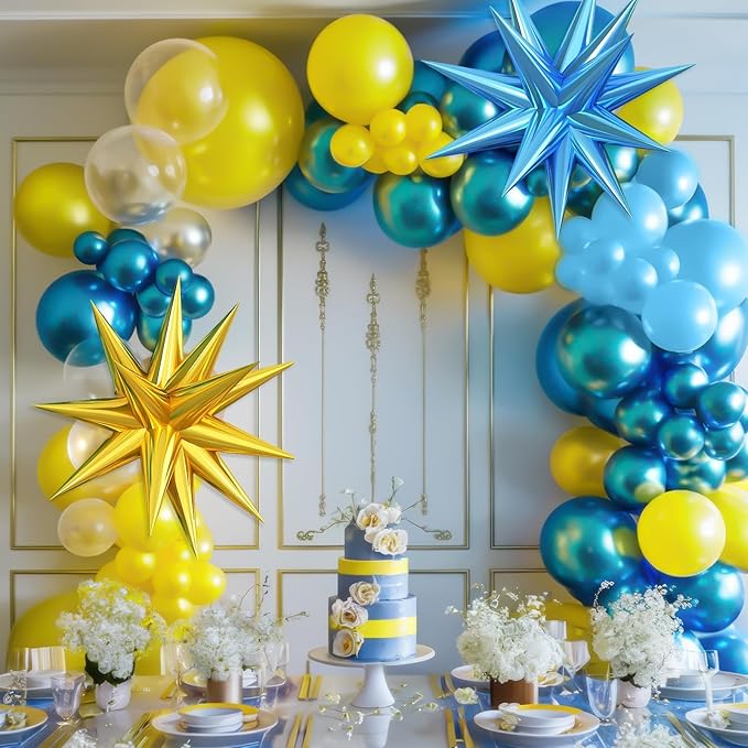 Yellow Blue Clear Balloon Arch Kit with Explosion Star Balloons, Cartoon Theme Blue and Yellow Balloons Garland Kit for Boys Girls Cartoon Birthday Baby Shower Party Supplies