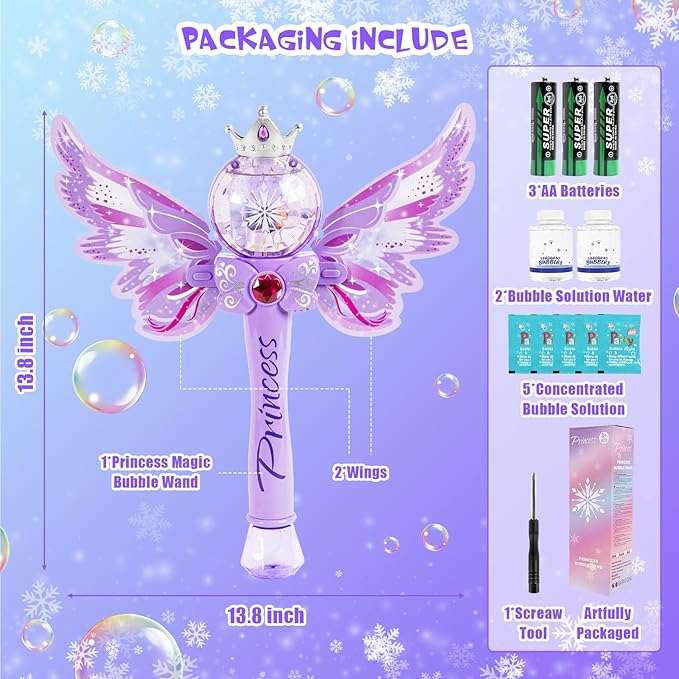 Princess Bubble Wands for Kids,Light Up & Musical Bubble Machine,Bubble Blower,Bubble Maker,Gift for 3 4 5 6 7 8 Year Old Girls,Outdoor Birthday Party Bubble Toy for Toddlers.(Light Purple)