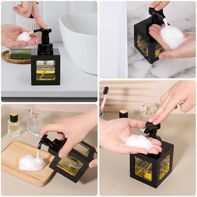 Segbeauty 11.84oz Black Foaming Soap Dispenser for Bathroom, 2pcs 350ml Empty Square Dish Soap Dispenser with Labels Pump for Kitchen, Refillable Hand Wash Foam Dispenser Soap Reusable Shampoo Bottles
