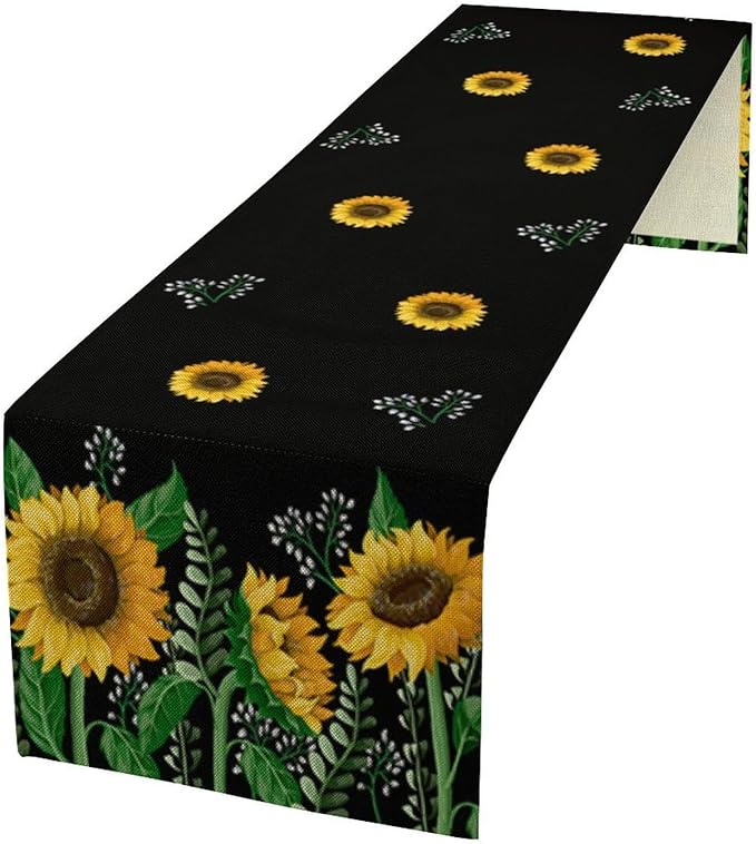 Sunflower Table Runner,Spring Summer Watercolor Floral Plants Leaves Print Table Runner for Kitchen Dining Table Home Holiday Party Indoor Outdoor Decor 13x60in