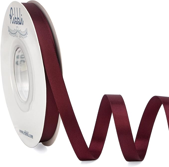 Ribbli Double Faced Burgundy Satin Ribbon,3/8” x Continuous 25 Yards,Use for Bows Bouquet,Gift Wrapping,Floral Arrangement