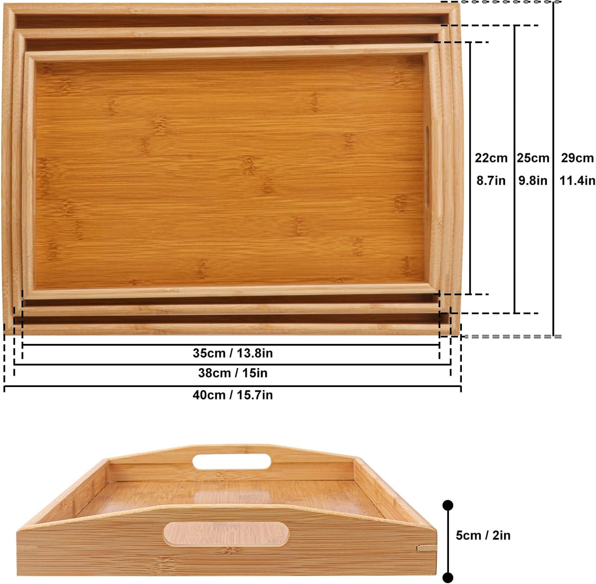 3 PCS Bamboo Serving Tray, 3 Size Nested Breakfast Bed Tray with Handle, Wood Serving Tray for Serving, Breakfast Bed Trays for Eating, Decor