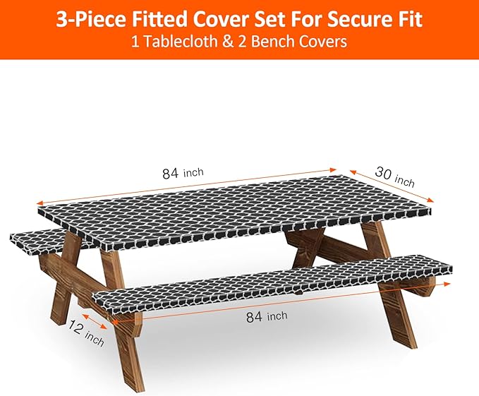 7ft Picnic Table and Bench Cover, Camping Essentials RV Gear, 84 in Waterproof Windproof Outdoor Elastic All Around Tablecloth, Fitted Rectangle Tables and Seats, Black-White Moroccan