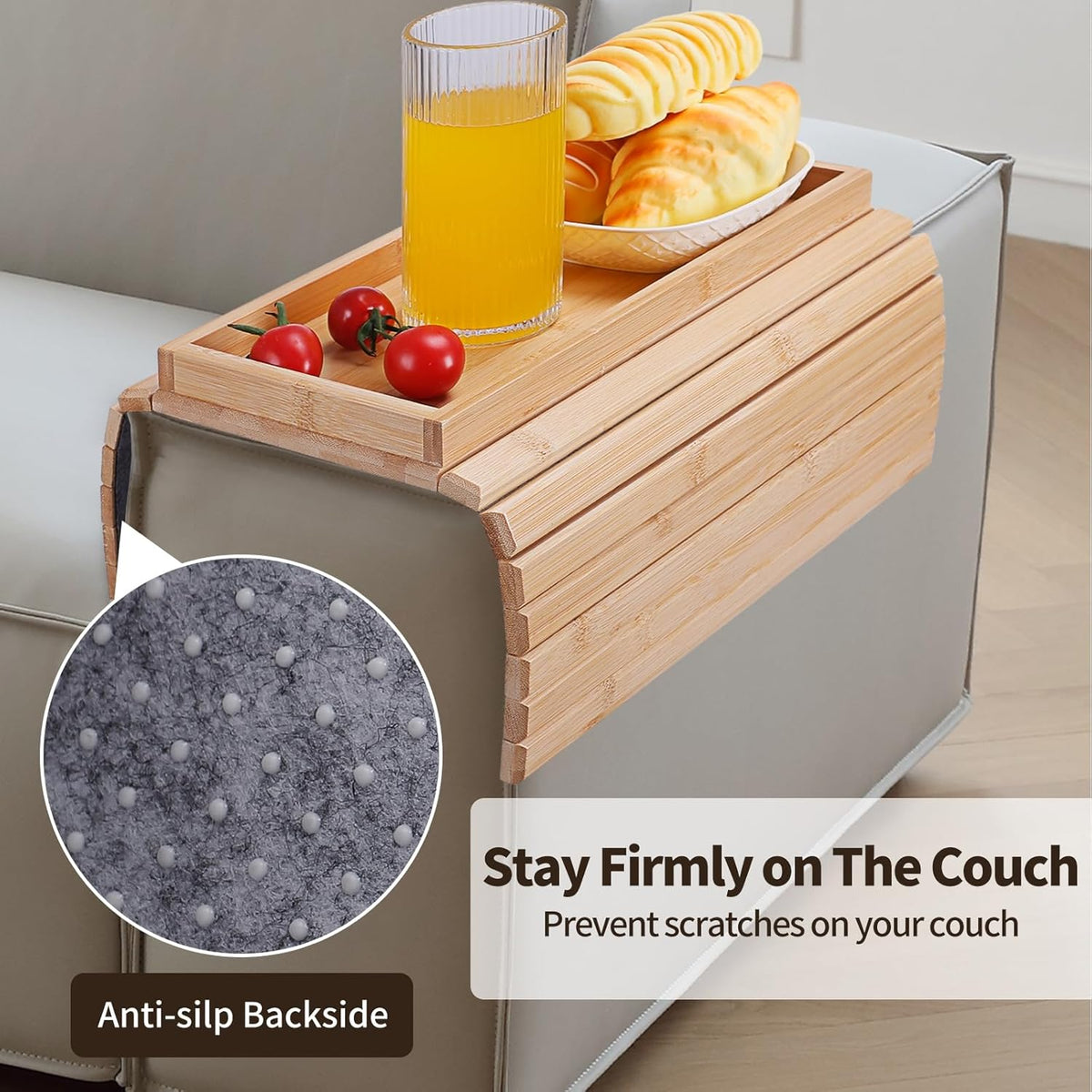 Bamboo Sofa Arm Tray Foldable Couch Arm Tray Anti-Slip Armrest Cup Holder For Couch For Drinks Snacks Phone Remote