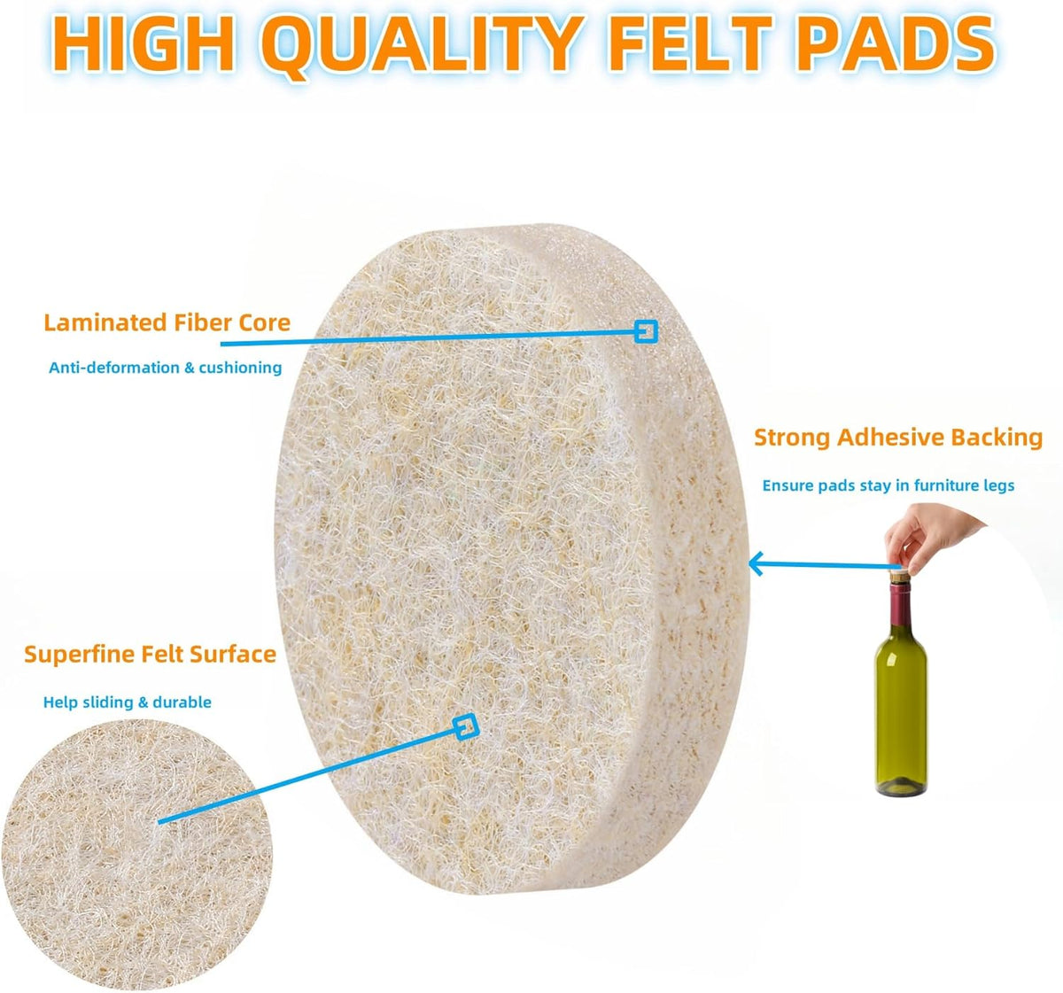 Furnigear Felt Furniture Pads for Hardwood Floors - Self Adhesive Chair Felt Pads, Floor Protector for Furniture Feet, Furniture Sliders Moving Your Furniture Smoothly - Anti Scratch 96 Pcs 3/4" Round