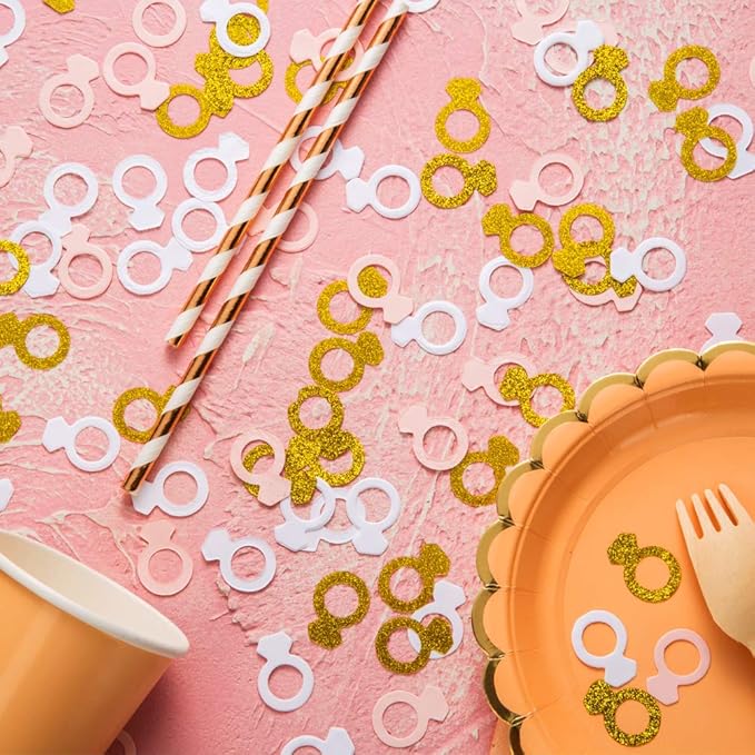 MOWO Glitter Diamond Ring Confetti Table Decor and Event Decor, Gold Glitter,Pink,White, 200 Count