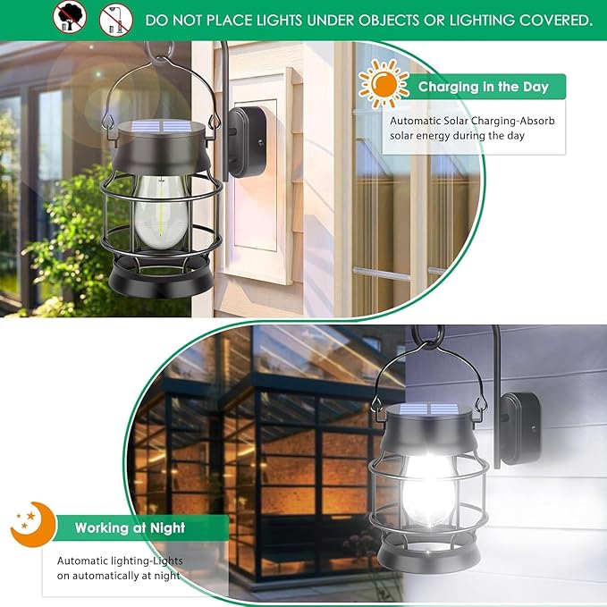 TomCare Solar Lanterns Lights Outdoor Waterproof Metal Hanging Solar Lights Lantern for Outdside Decorative Patio Porch Garden Lawn, 2 Pack (Cool White)