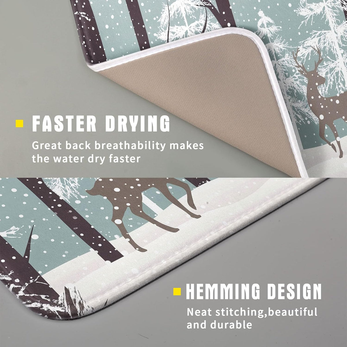 Winter Wildlife Deer Dish Drying Mat for Kitchen Counter,Xmas Landscape Snow Tree Ivory Drying Mat 16 x 18 Inch with High Absorbent Microfiber