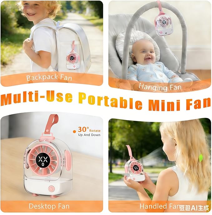 VanSmaGo Portable Mini Fan, 3 IN 1 USB Rechargeable Small Fan with 5 Powerful Speeds, LED Display, Battery Operated Handheld/Desk/Travel Personal Fan Portable for Disney World Must Haves Kids Toy