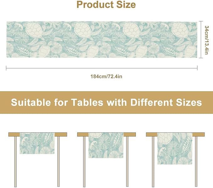 Marine Sea Turtle Table Runner, Ocean Beach Coral Starfish Seashell Table Runner for Kitchen Dining Wedding Party Banquet 13x60in