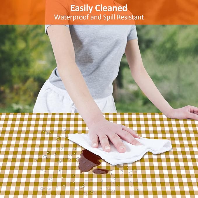 8ft Picnic Table and Bench Cover, Camping Essentials RV Gear, 96 in Waterproof Windproof Outdoor Elastic All Around Tablecloth, Fitted Rectangle Tables and Seats, Coffee-White Checkered