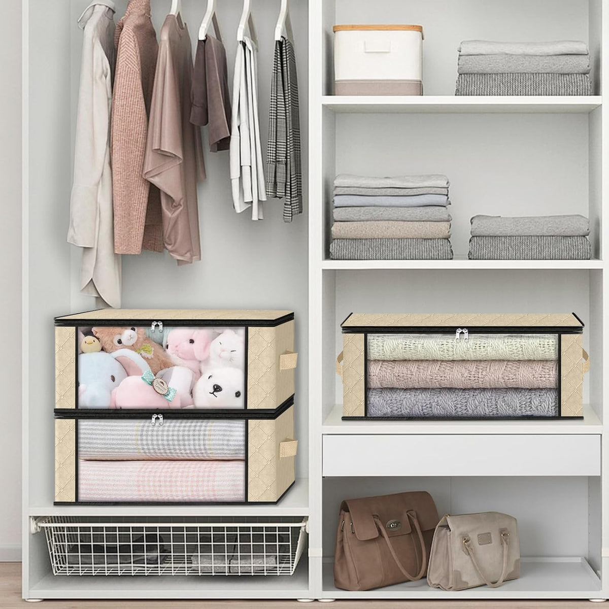 HomeHacks Storage 3-Pack Clothes Organizer Storage Bags Foldable Storage Box with Large Clear Window Sturdy Handles for Closet, Dorm, Pillows, Bedding, Clothes, Blankets, 35L, Beige