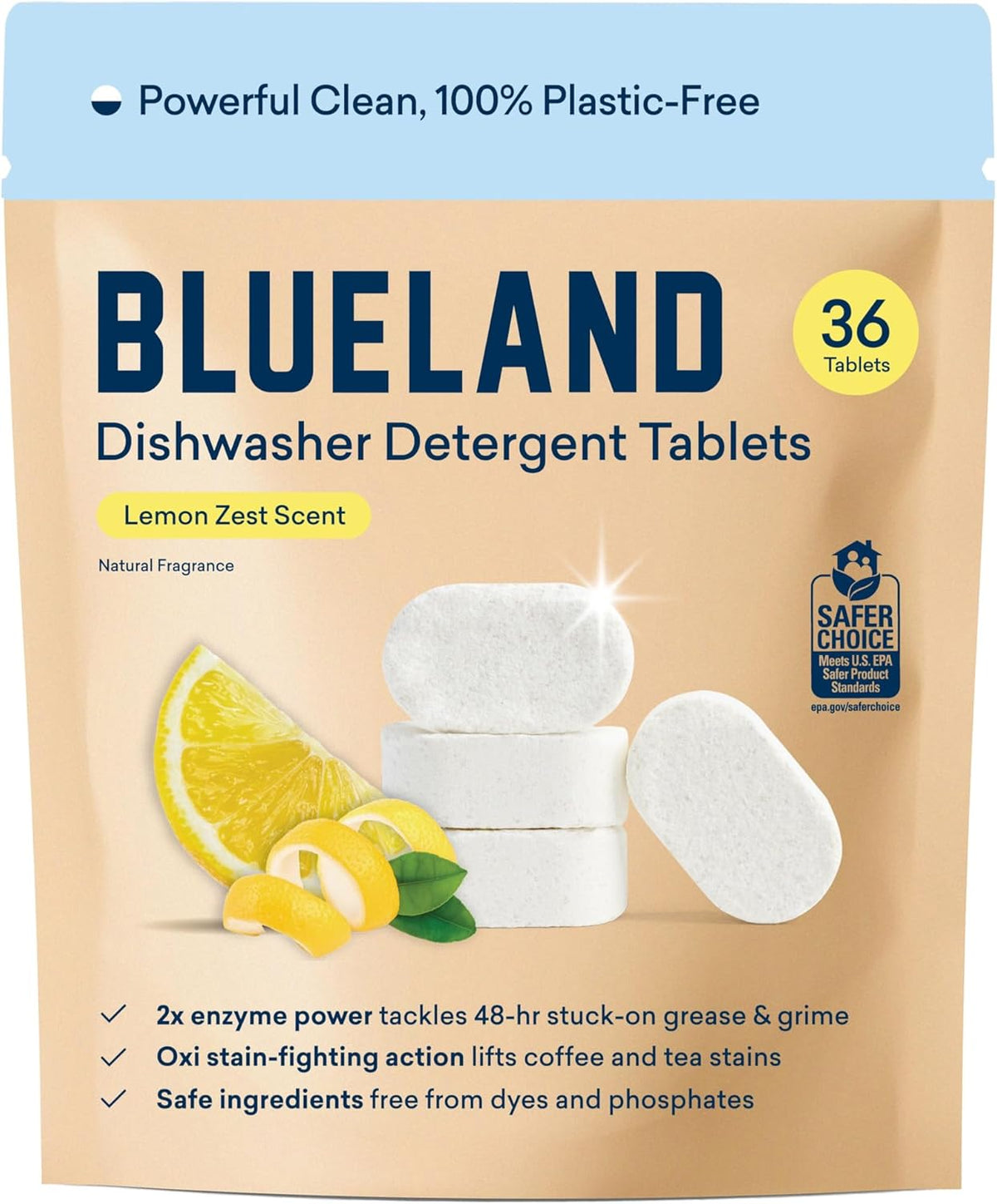 BLUELAND 100% Plastic-Free Dishwasher Detergent Tablets, 36 Count, Lemon Zest Scent, Eco Friendly Dishwashing Pods, Natural, Sustainable