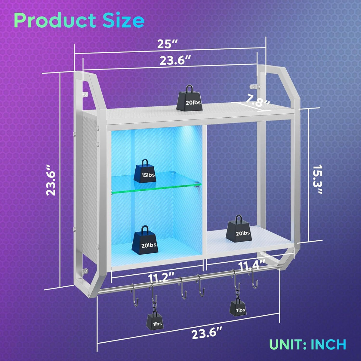 Bestier LED Gaming Floating Shelves for Wall, 25" Wall Mounted Shelf Pipe Adjustable Glass Shelves