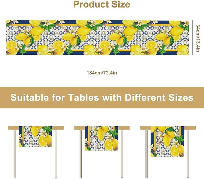 Yellow Lemon Table Runner, Spring Summer Seasonal Blue Tiles Watercolor Lemon Table Runner for Farmhouse Kitchen Indoor Outdoor Party Decor, 13x90inch