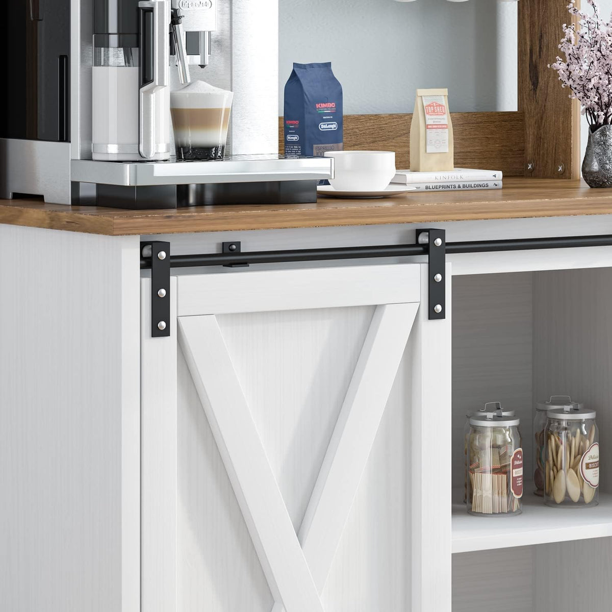 Farmhouse Coffee Bar with Hutch, White Coffee Bar Cabinet with Storage Sliding Barn Door, 31 Inch Buffet Cabinet with 6 Hooks