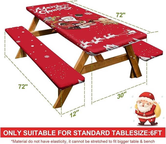 Picnic Table Cover with Bench Covers Set of 3, Elastic Fitted Tablecloth for 6 Foot Tables, Washable Polyester Tablecloths for Camping, Indoor & Outdoor
