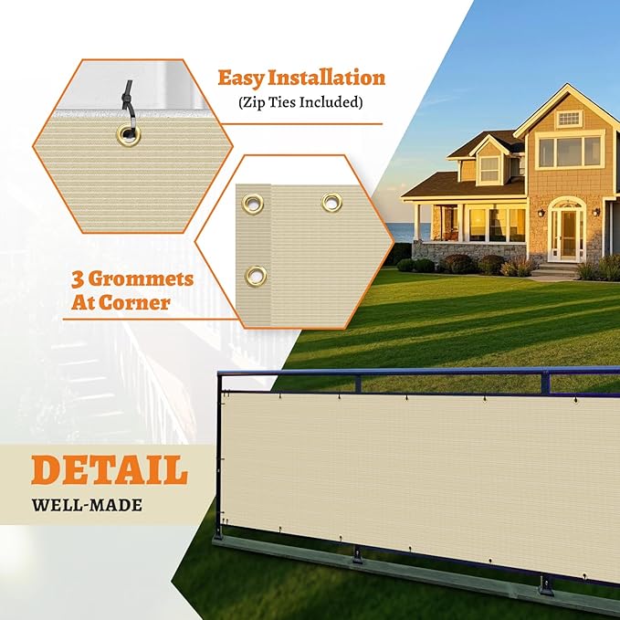 2.5' x 275' Balcony Privacy Screen Fence Cover with Zip Ties Grommets for Apartment Patio Porch Deck Backyard Outdoor (Beige)