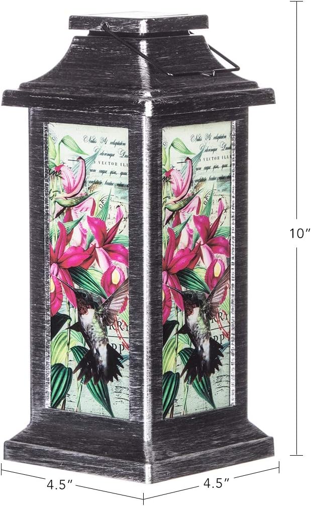Topadorn Vintage Hummingbird Solar Lantern, Hanging Outdoor Light with Floral Print, Waterproof LED Lamp for Garden Patio Yard Decor