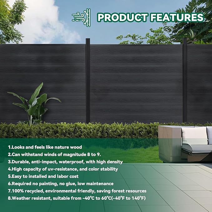 Mondaria Fence Privacy Screen with 8ft In-ground Posts, 6ft(H) x 6ft(W) Wood Plastic Composite Fence Panels Weather-Resistant Outdoor Fence for Backyard/Garden (Black, 2 Posts)
