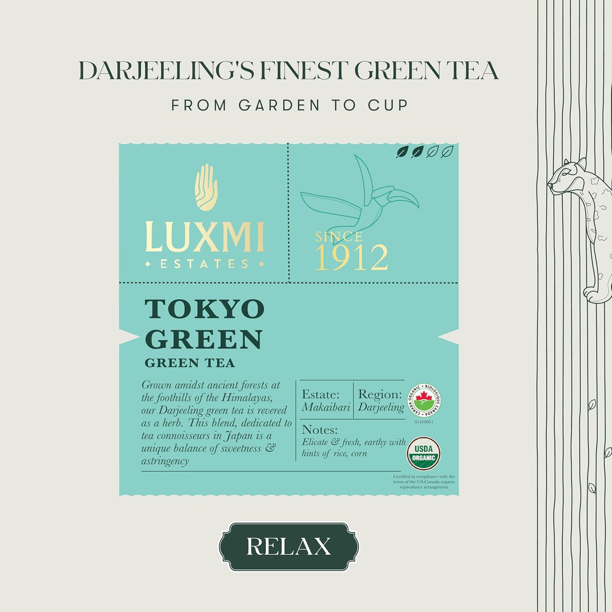 Luxmi Estates Tokyo Green Organic Green Tea (25 Tea Bags) Tea Bags For Relaxing, Calming, and Stress Relief