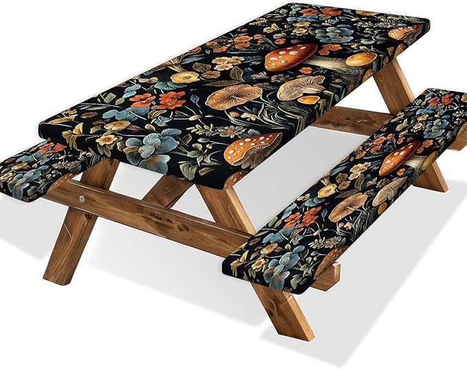 Picnic Table Cover with Bench Covers and Bag, Summer Outdoor Waterproof Windproof Tablecloth with Elastic Edges, Camping Accessories RV Gear Campers 3 Pcs Set, Black Mushroom 30X96inch