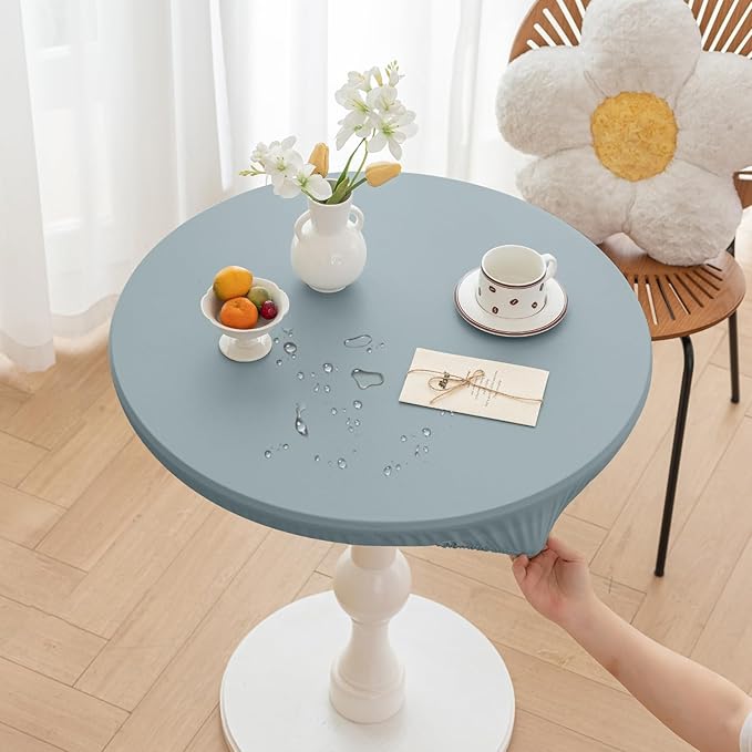 Round Fitted PU Tablecloth with High Elastic Edge 43 Inch Dia Waterproof Oil Proof Table Cloth Anti-Scald Stain-Resistant Wipeable Table Cover for Indoor Outdoor Picnic (Blue,43" Dia)