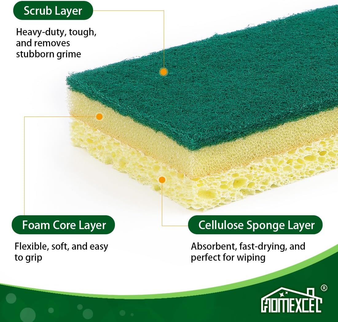 HOMEXCEL Sponges Kitchen 12pcs, Heavy Duty Sponges for Dishes, Scrub Cleaning Sponge for Non-Coated Cookware, Dishes, Pots, Pans, Dual Sided Dish Sponge for Kitchen, Household, Bathroom and More