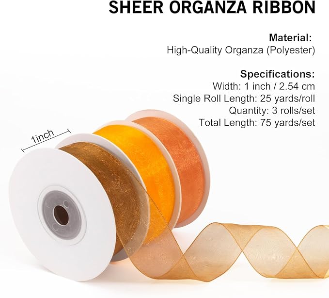 Fall Organza Ribbon Set - 1 Inch x 75 Yds in Yellow Gold, Orange, Terracotta for Thanksgiving, Harvest, Festival, Wedding, Decor, Gift Wrapping, Wreaths, Crafts
