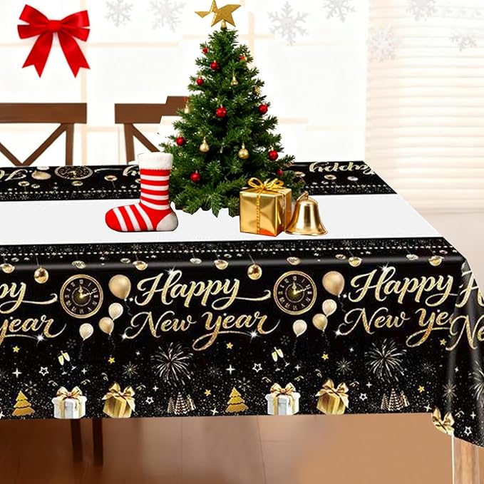 2pack Black and Gold Happy New Year Plastic Tablecloth, 54 x 108 Inch Disposable Rectangle Table Covers with Fireworks, Champagne, and Ornaments for New Year’s Eve Parties Dinners Celebrations