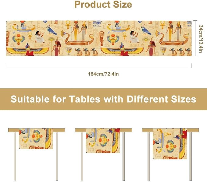 Egypt Table Runner, Ancient Egyptian Mythology Gods Hieroglyphic Elements Retro Farmhouse Table Runner for Home Kitchen Dining Party Indoor Outdoor 13x36in