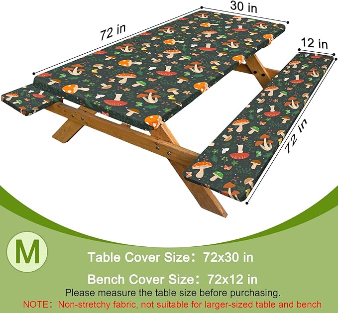 Picnic Table Cover with Bench Covers Windproof Waterproof Picnic Table Covers Camping Tablecloth with Self-Storage Bag, 72in, Black Red